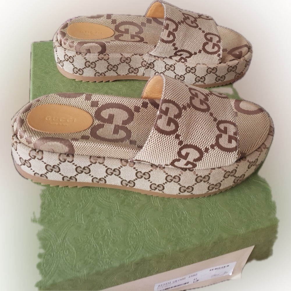 Gucci Beige and Brown Logo Platform Mules